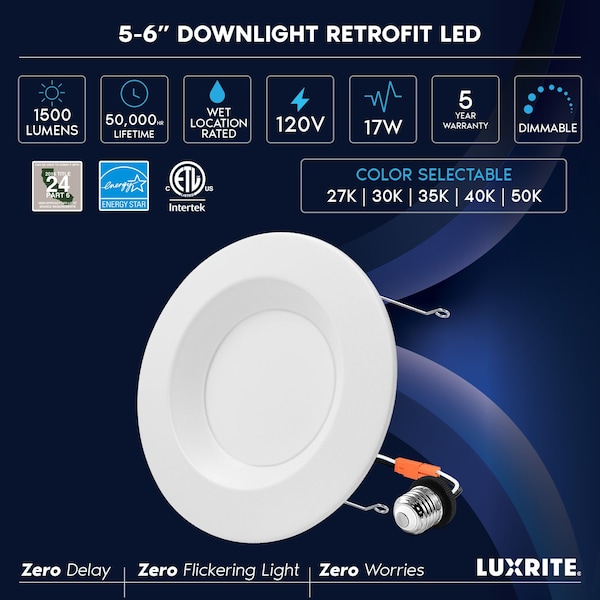 Luxrite 5/6 Inch LED Recessed Can Light 5CCT 2700K-5000K 17W 1500LM Dimmable Wet Rated ETL Listed, 4PK LR23799-4PK - main